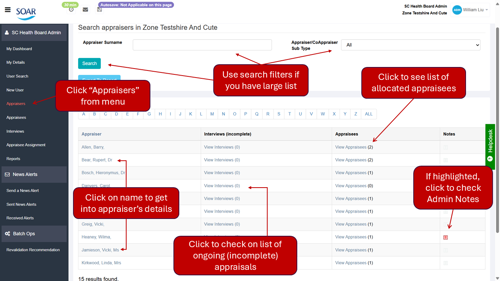 Notes on navigating the functions on the Appraisers page
