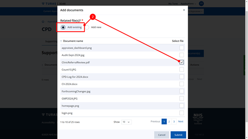 Add an existing document from previous appraisals