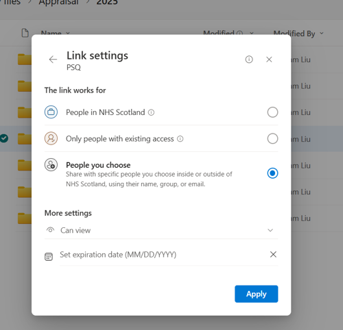 Settings for sharing selected folder on OneDrive